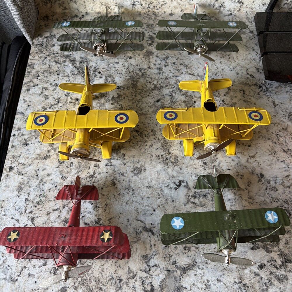 6pc Vintage Metal Biplane Collection - WWI Fighter Planes Decor Lot